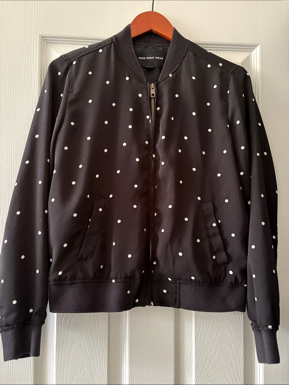 Who What Wear Black Bomber Jacket with White Polka Dots
